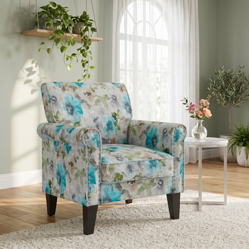 Fauteuil d'appoint à accoudoirs roulés l 33,5 po avec garniture cloutée et pieds en bois massif, Bleu