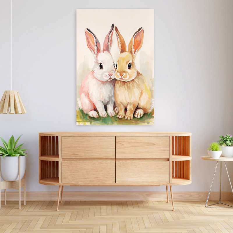 Paire de lapins mignons, art mural forêt de printemps contemporain, H 48 po x l 32 po