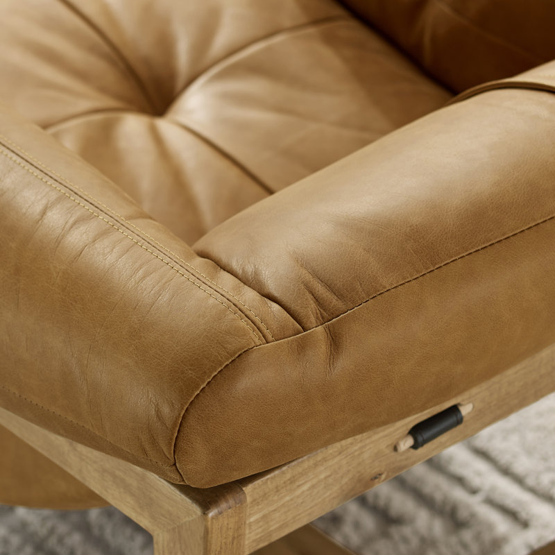Rod 33''W Full-Grain Leather Upholstered Armchair Leisure Lounge Chair with Ash Wood Base, Cognac Full-Grain Leather