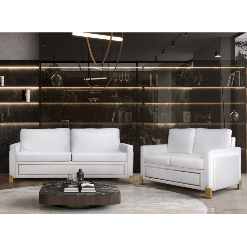 Ensemble de salon 3 pièces en velours blanc glamour avec pieds dorés et éclairage à DEL - canapé, causeuse et fauteuil