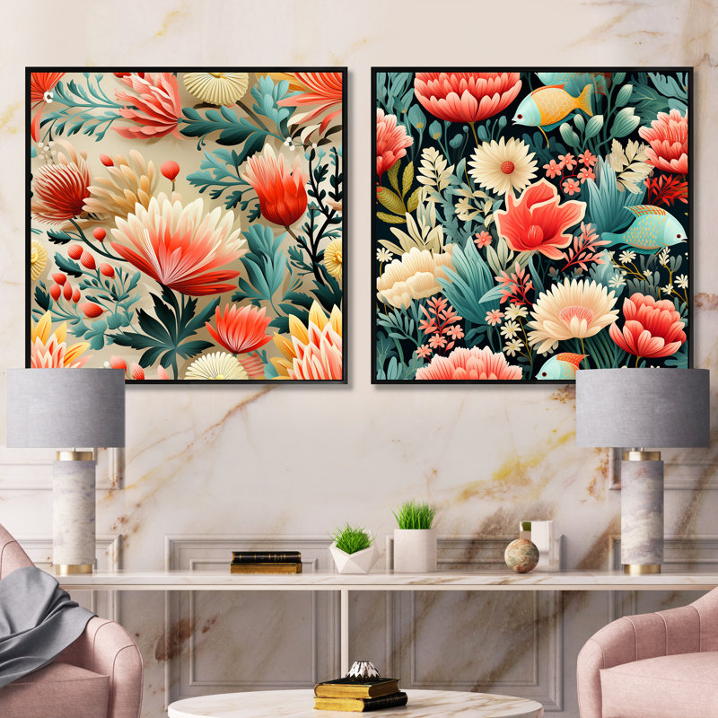 Ensemble de 2 motifs de coraux à motif tropical III - motif floral carré, Cadre flottant noir, H 16 po x l 33 po