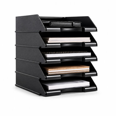 Ensemble de 5 plateaux de rangement empilables pour bureau, en silicone HIPS résistant, compatibles avec les formats A4, Lettre et Légal. Design moderne et minimaliste avec accès facile à l'avant. Couleur : noir.
