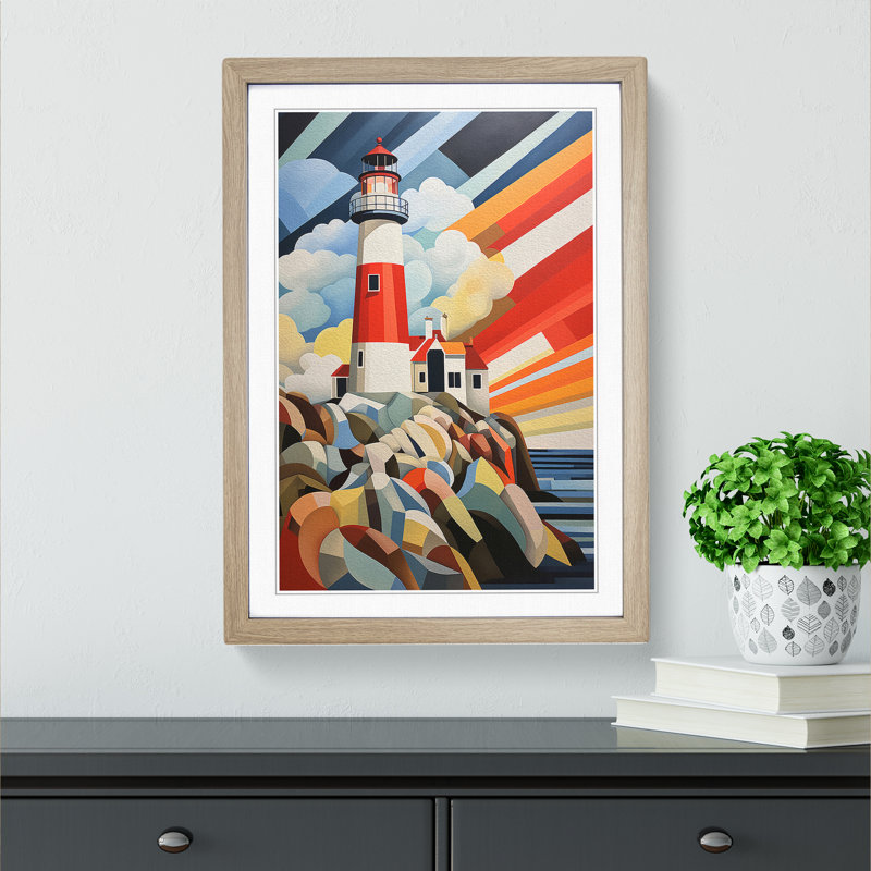 Lighthouse Constructivism - Single Picture Frame Print on Wood, Oak, 64cm H x 46cm W x 2cm D