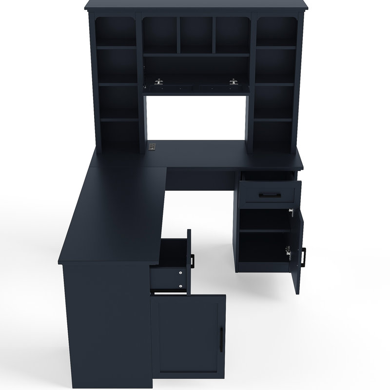 Bureau d'ordinateur antique en forme de L bleu avec 2 armoires, tiroirs, 11 tablettes, 1 tablette rabattable et prise de courant pour un travail confortable dans des tablettes ouvertes