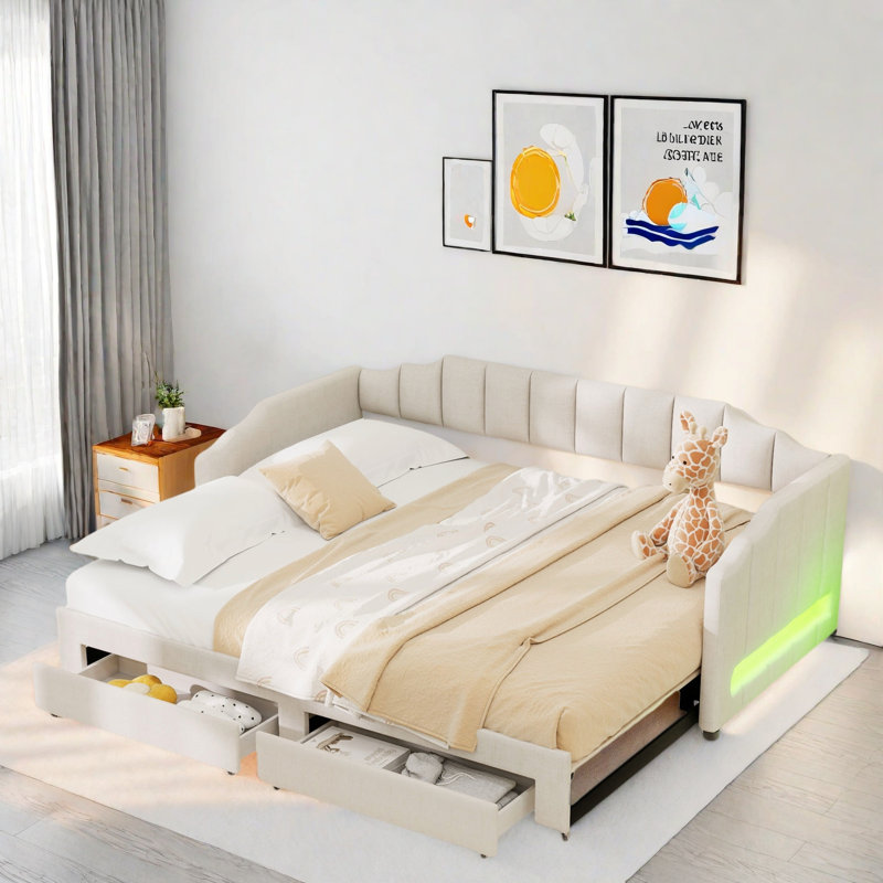 Lit de jour rembourré extensible avec 2 tiroirs de rangement et lumière DEL, Beige