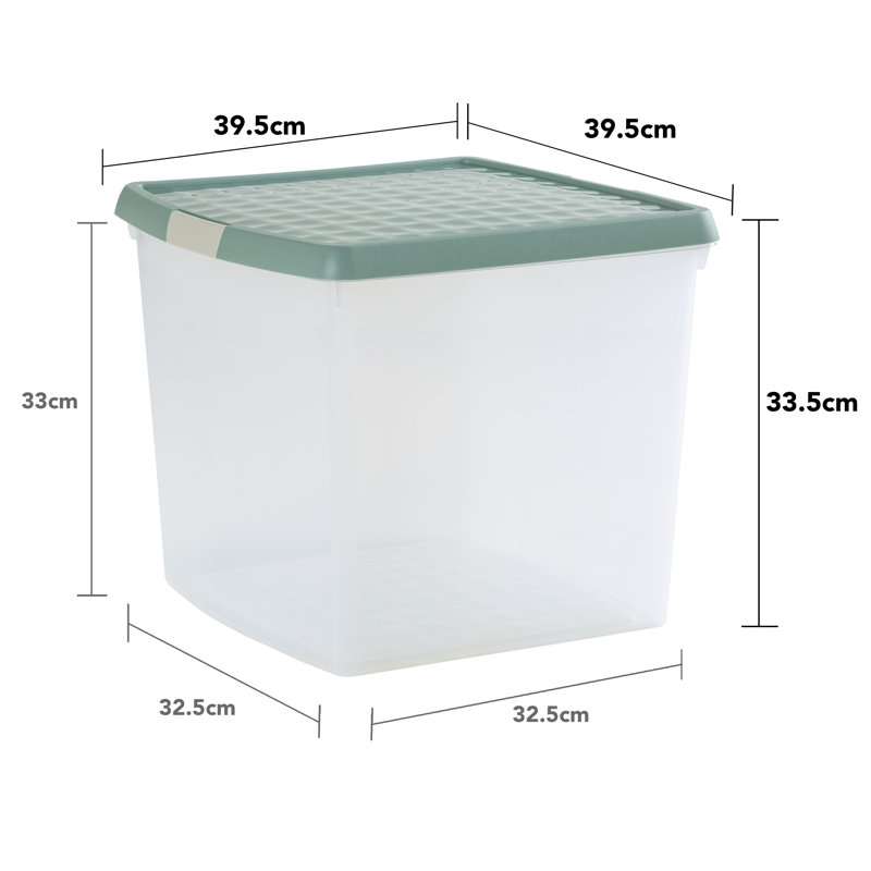 Wham Clip 5x 13.2L Square Plastic Storage Boxes with Secure Clip Lock Lids. L:39.5 x W:39.5 x H:12cm Clear/Green Milieu/Stone