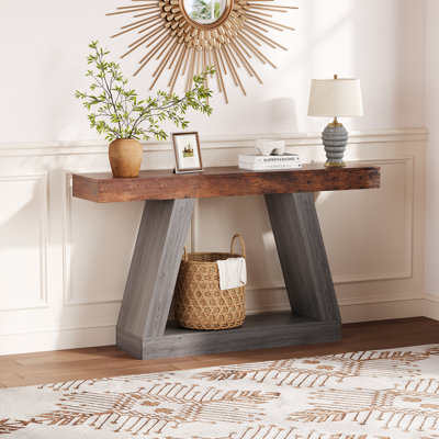 Farmhouse Console Table, 2-Tier Wooden Trapezium Sofa Table with Open Storage Shelf, Industrial Entryway Furniture for Entrance, Hallway, Living Room