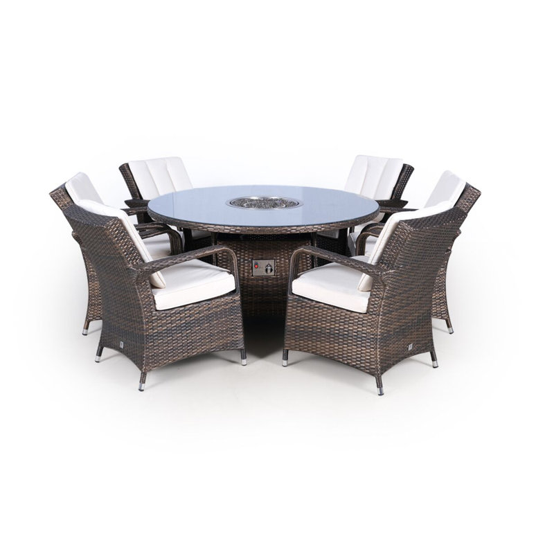 Ouellette 6 - Person Wicker Patio Dining Set with Round Table , Cushions Included, Beige, Brown