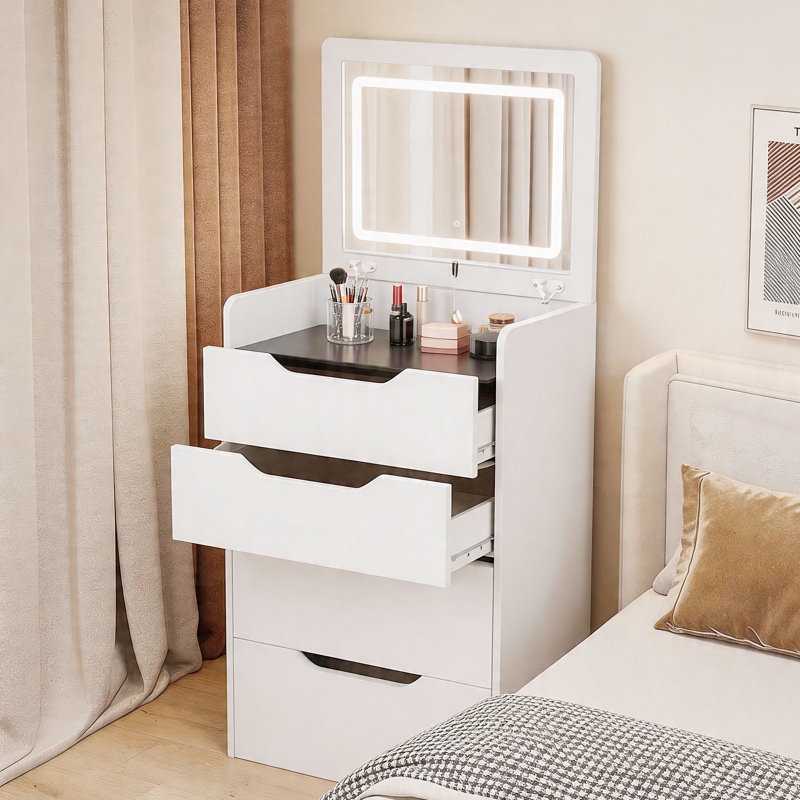Ensemble de meuble-lavabo 3-en-1 de 18,9 po de largeur avec miroir à DEL rabattable, 3 tiroirs et tabouret rembourré, table de maquillage multifonctionnelle, table de chevet et poste de travail pour les petits espaces