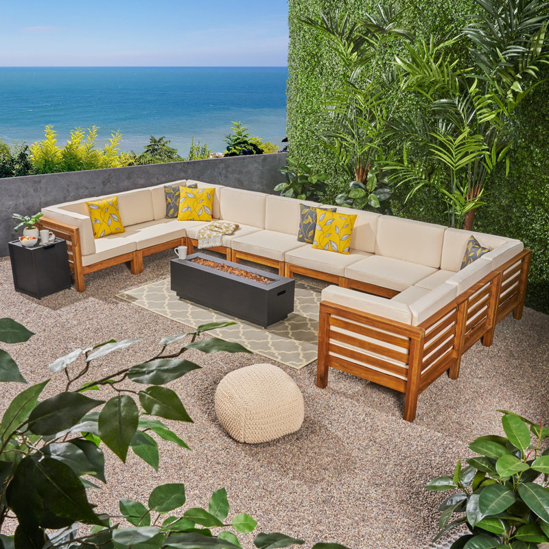 Maxwell Acacia 10 - Person Modular Patio Conversation Set with Cushions, Teak Frame / Beige Cushion