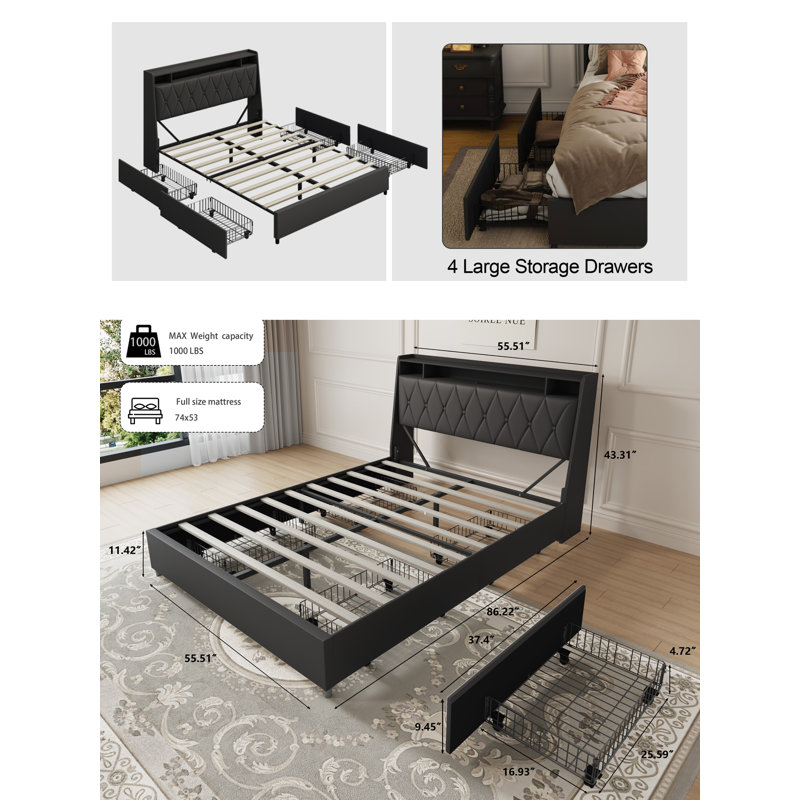 Full Size Bed Frame With Ergonomic Headboard, Full Platform Bed Frame With Outlets & Charger, Full Bed Frame With Storage Shelf, Bed Frame Full Size, Noise-free, No Box Spring Needed