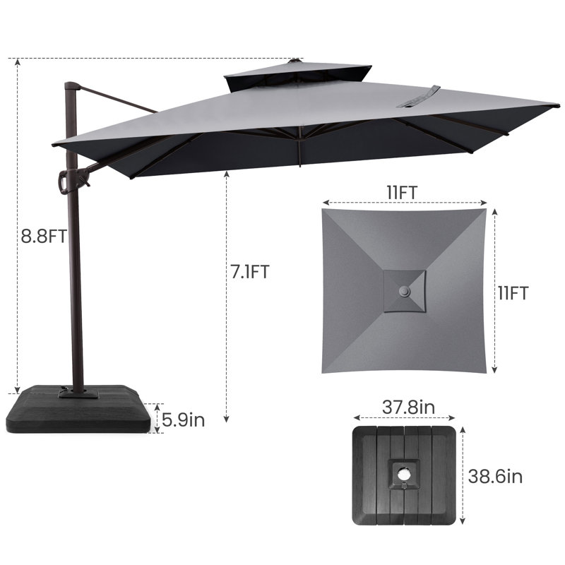 Parasol de patio en porte-à-faux carré 11 pi x 11 pi avec base, Dark Grey