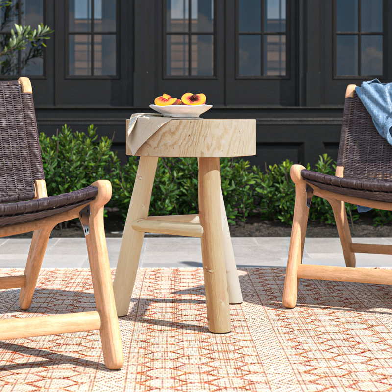 16"H Wooden Stool with Live-Edge Round Top and Triangle Footrest Base, Natural Finish, Ivory/Beige
