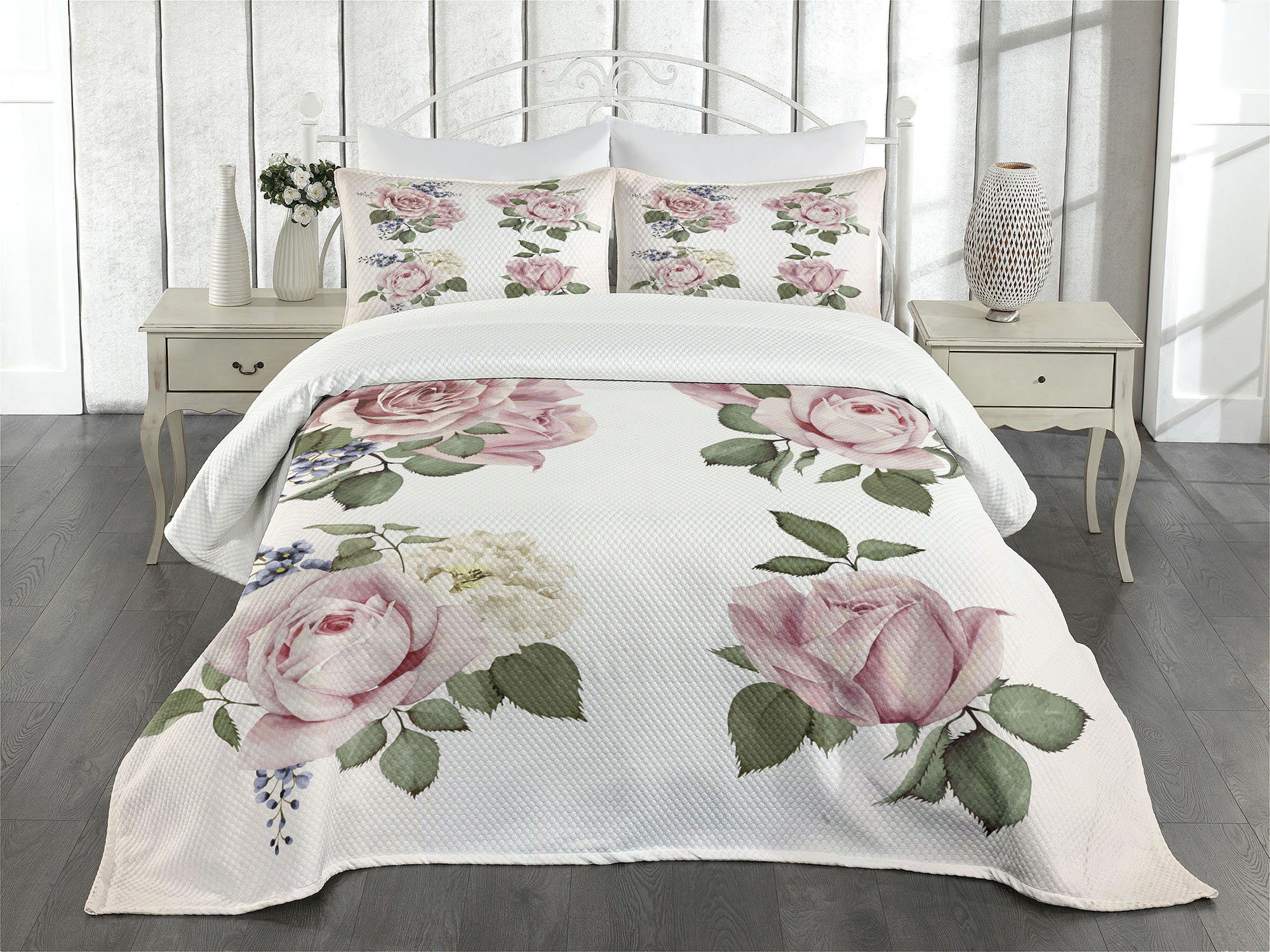 Ambesonne Rose Bedspread Set Springtime Bouquets Nature Pale Pink