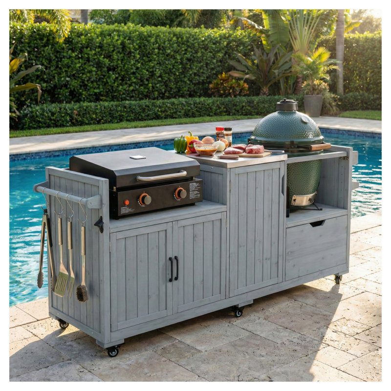 Îlot de cuisine extérieur 80,5 po K&K pour Big Green Egg et plaque chauffante Blackstone