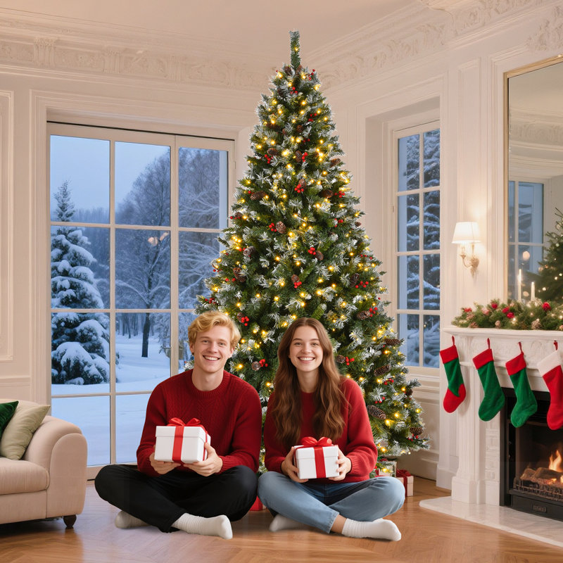 Arbre de Noël en pin artificiel pré-éclairé pré-décoré avec des pointes givrées, des pommes de pin, des baies et une base en métal pour une installation des Fêtes facile