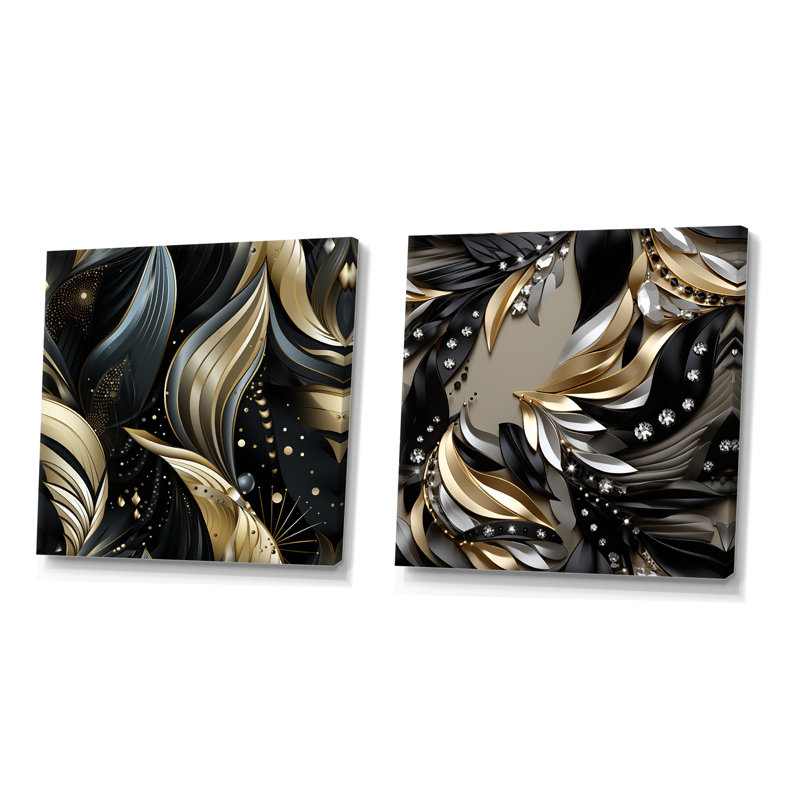 Noir profond et élégance dorée - ensemble de 2 impressions sur toile abstraites, Toile tendue, H 16 po x l 33 po x P 1 po