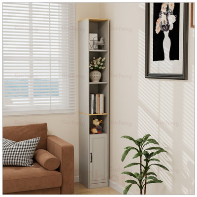 Armoire de rangement haute et mince avec 6 tablettes à niveaux, 1 porte et 2 tablettes réglables pour une utilisation efficace de l'espace et une esthétique moderne