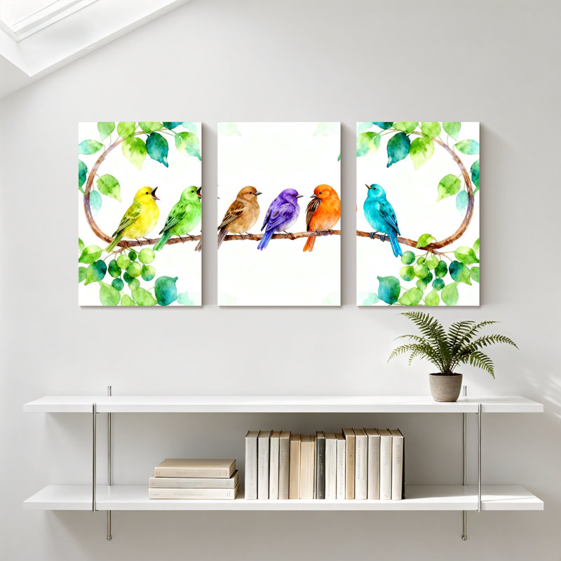 Oiseaux colorés sur une branche avec des feuilles, ensemble de 3 impressions d'art sur toile, H 18 po x l 36 po