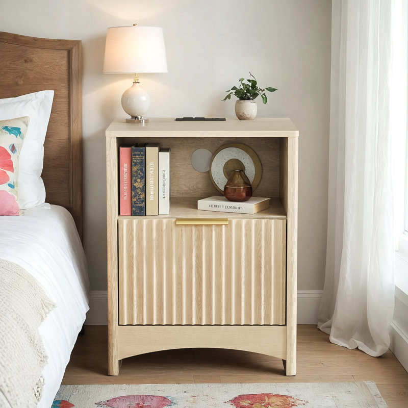 Modern Fluted Nightstand with Built-In Charging Station, 3-Tier Storage & Drawer, Compact Bedside Table for Bedroom, Living Room, or Entryway