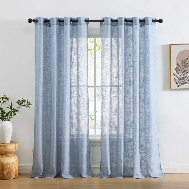 Aleksander Faux Linen Semi Sheer Grommet Curtain Pair, 54" W x 84" L, Stone Blue