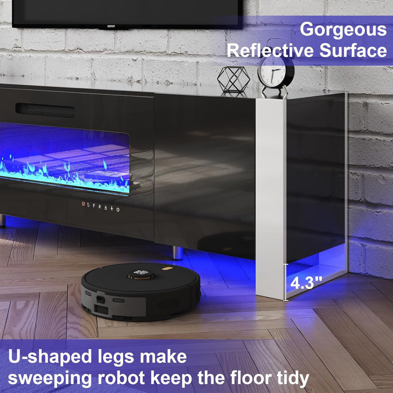 Bhhatu U-shaped Legs Mirrored Finish TV Stand with Electric Fireplace Included, All Black, 80