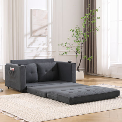  Upholstered Tufted Folding Loveseat Sofa Bed with Cup Holders & Side Pockets