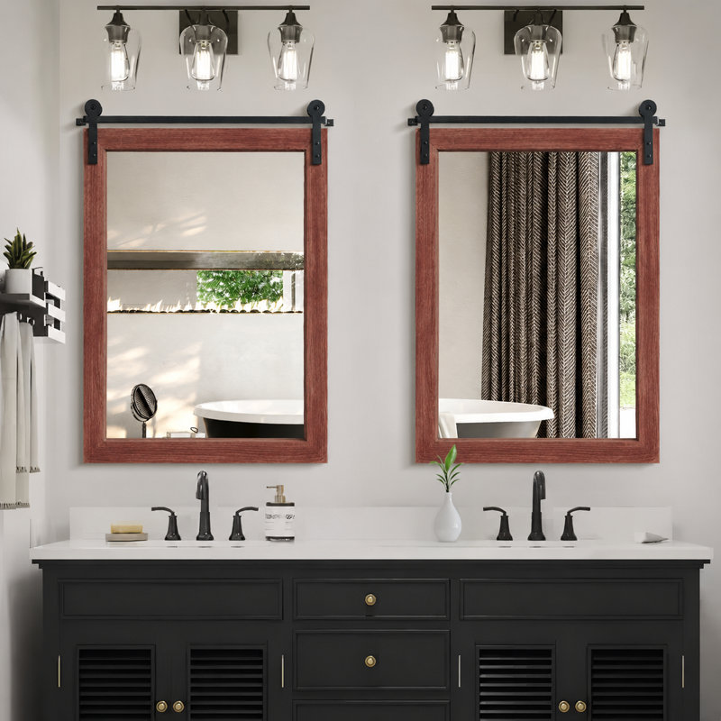 Brunilda Rectangle Rustic Solid Wood Frame Farmhouse Accent Mirror Wall Mirror for Bathroom Living Room, 30" x 22", Brown