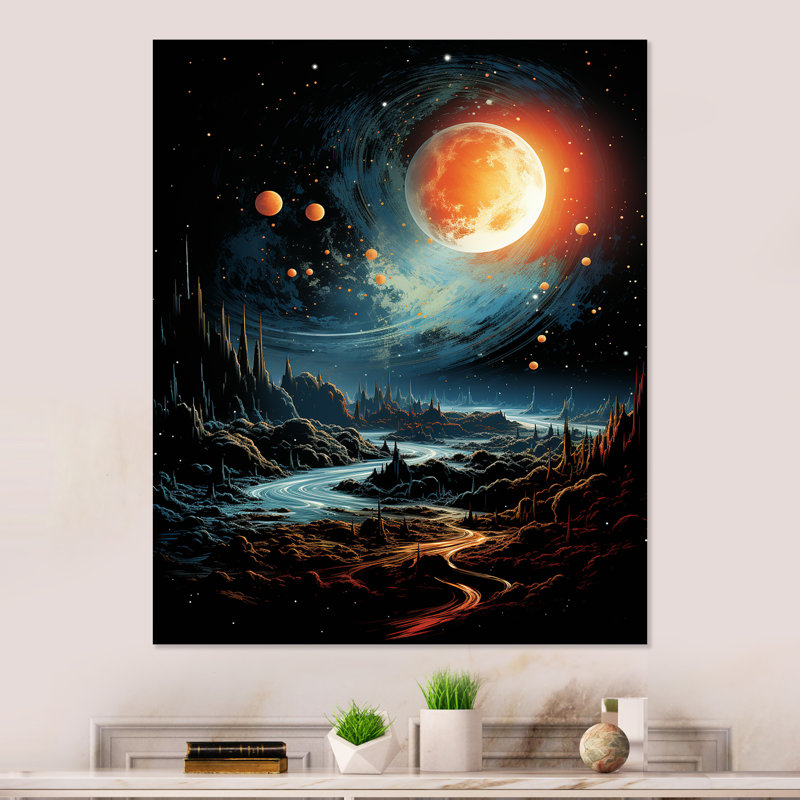 Orange et vert, planète paysage I, H 32 po x l 16 po x P 1 po