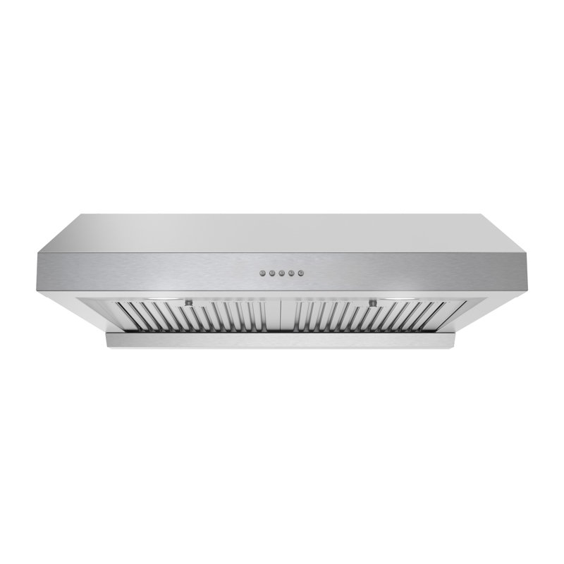 30 po T-1549-1-DC Hotte de cuisine sous conduit 406 CFM Ampezzo en acier inoxydable brossé avec filtres à chicane, commande à bouton-poussoir, lumières DEL