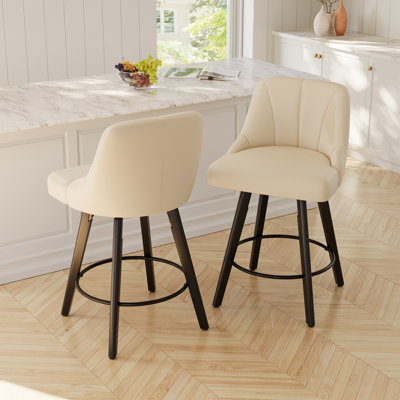 Swivel Bar Stools Set Of 2, Counter Height Bar Stools With Back, PU Leather Upholstered Kitchen Island Stools, 360° Swivel, Rubberwood Legs, Thick Cushion Seat, For Dining Room Beige
