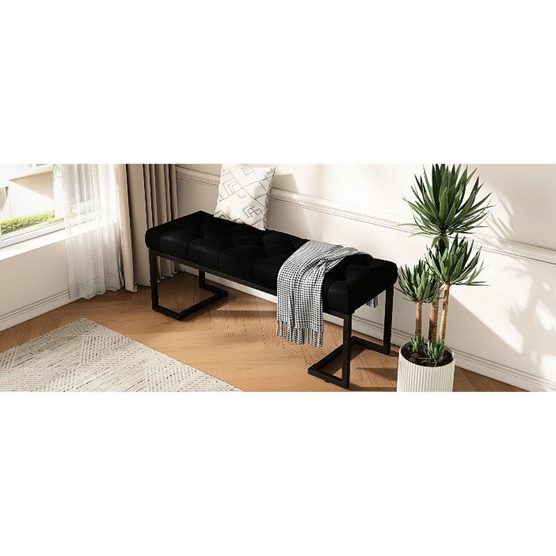 Banc rembourré à boutons, accessoire intérieur moderne, lignes droites et précises, structure ouverte, pieds à finition lisse, coutures en métal poli à losanges, structure en fer, 45,05 po, 15,5 po