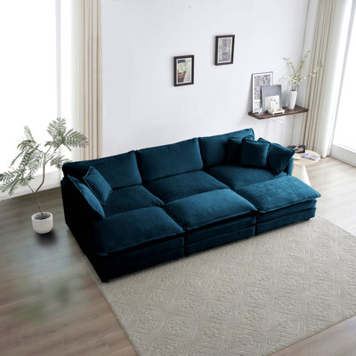 Canapé en U idéal pour recevoir des invités Canapé-lit modulaire réversible à assise profonde et modulaire à 6 places avec 3 repose-pieds, 3 coussins décoratifs et 2 coussins, chenille bleue