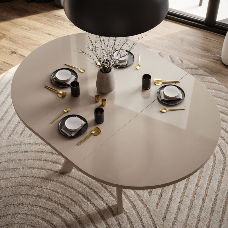 Extendable Round Metal Base Dining Table, Cashmere, Cashmere gloss