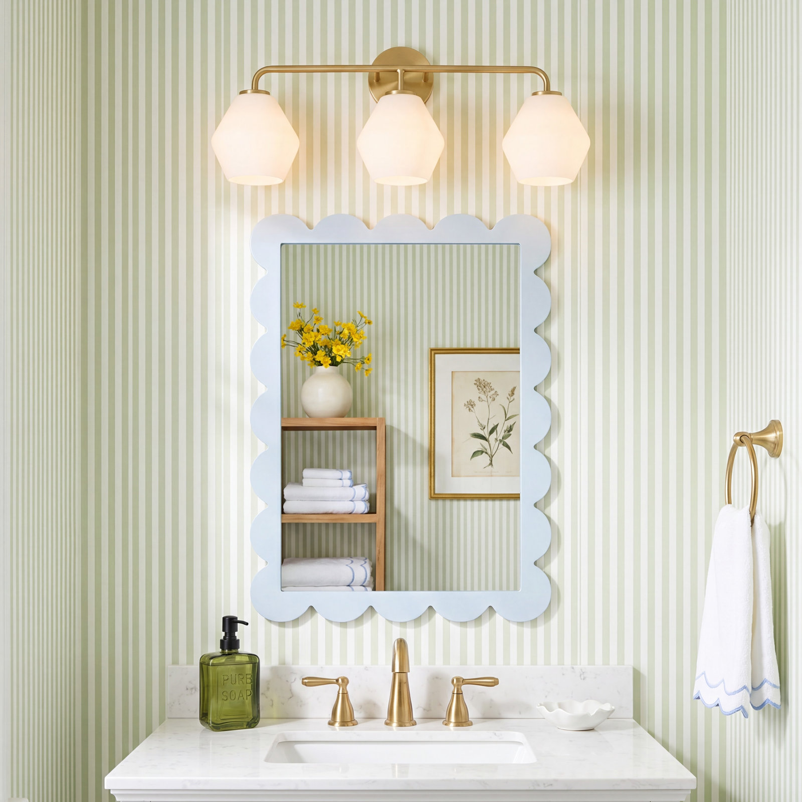 Rooks 3-Light Dimmable Vanity Light, Satin Brass, White