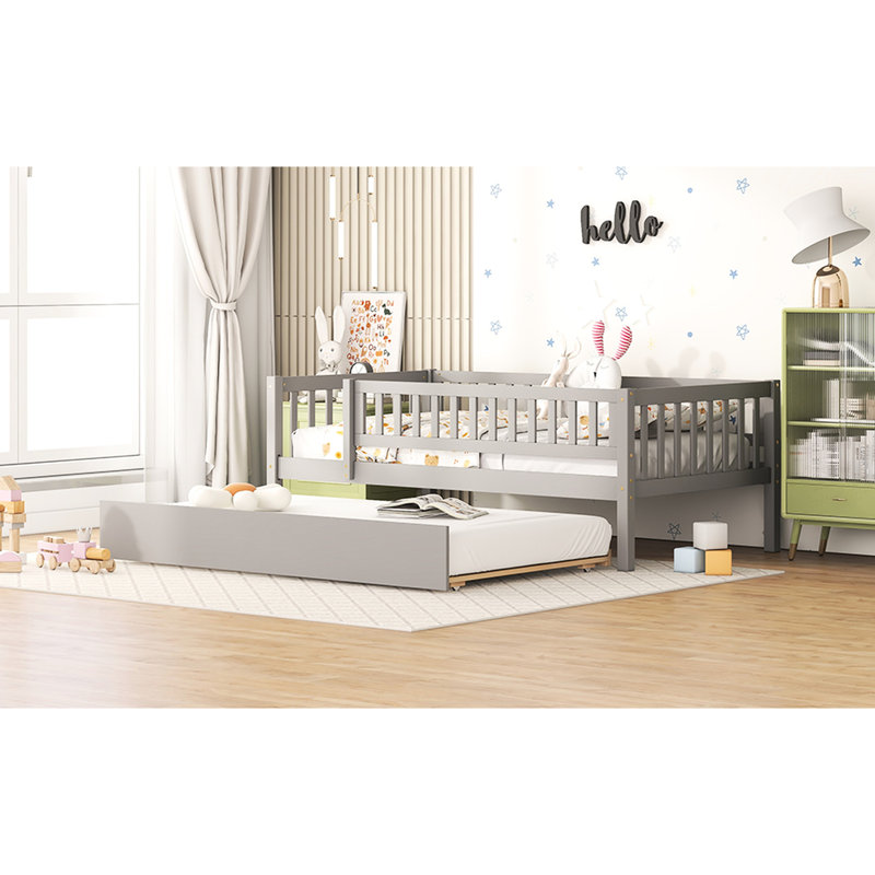 Gray Twin Size Daybed With Trundle And Fence Guardrails - Quality Practical Bed Space Solution, Gray, Twin