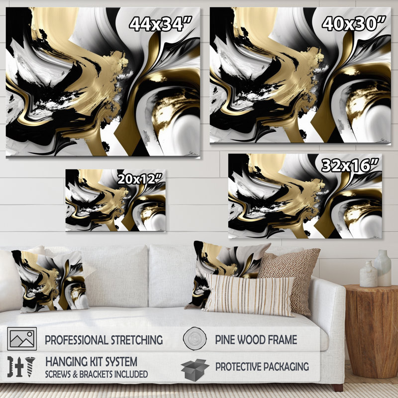 Golden Wave Reflections II - Art mural encadré abstrait, H 30 po x l 40 po x P 1,5 po, Toile tendue
