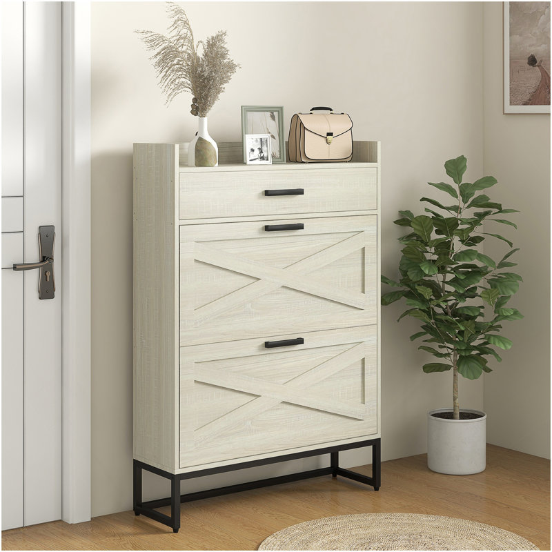 HOMCOM Narrow Shoe Cabinet, Industrial Shoe Storage Cabinet With 2 Flip Drawers, Adjustable Shelves, And Top Drawer, Entryway Hidden Shoe Storage For 12 Pairs Of Shoes, Distressed White