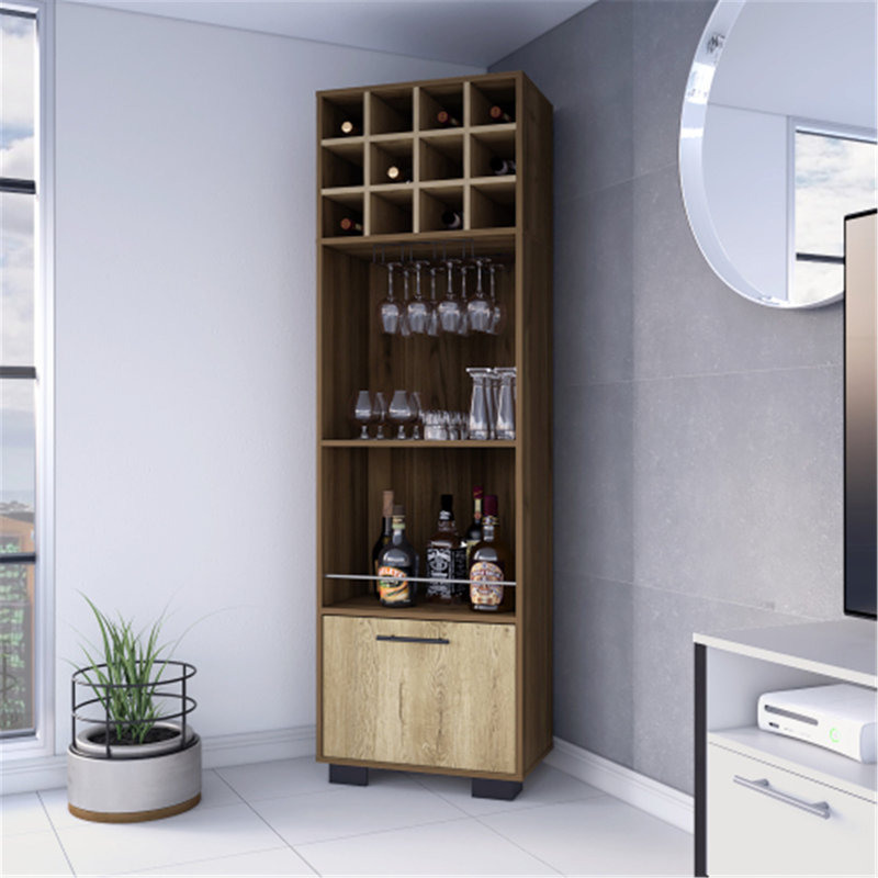 Aubree Corner Bar Cabinet with 12 Wine Cubbies, 2 Shelves, Cabinet, Glass Rack, Mahogany/ Macadamia