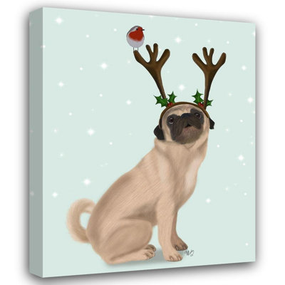 Art sur toile tendue «Lark Manor ™ Fab Funky Gallery»: Christmas Pug with Antler and Robin