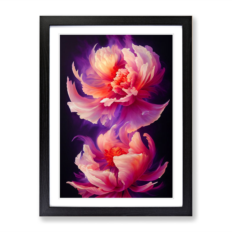 Peony Flower Flame Art - Single Picture Frame Print, Black, 34cm H x 25cm W x 2cm D