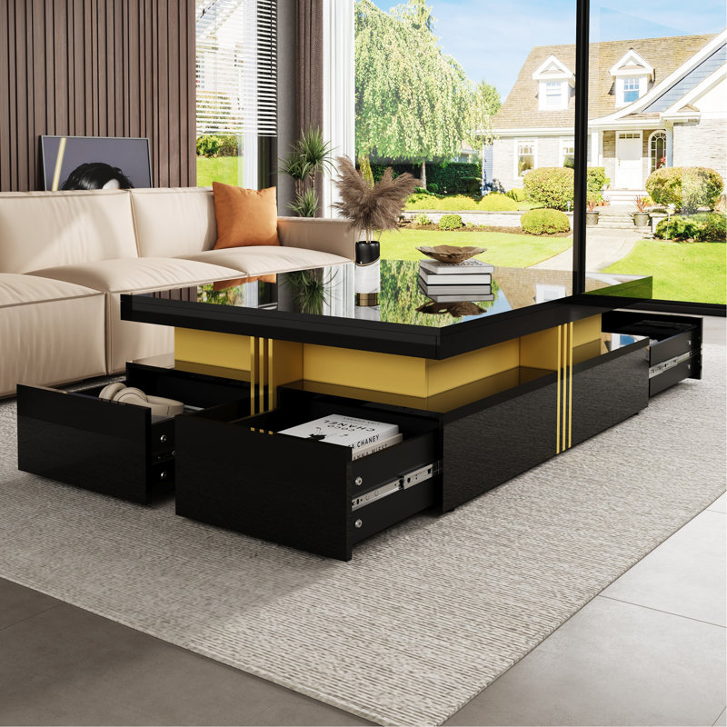 Table basse moderne carrée avec rangement à 4 tiroirs 43,3 po, Noir