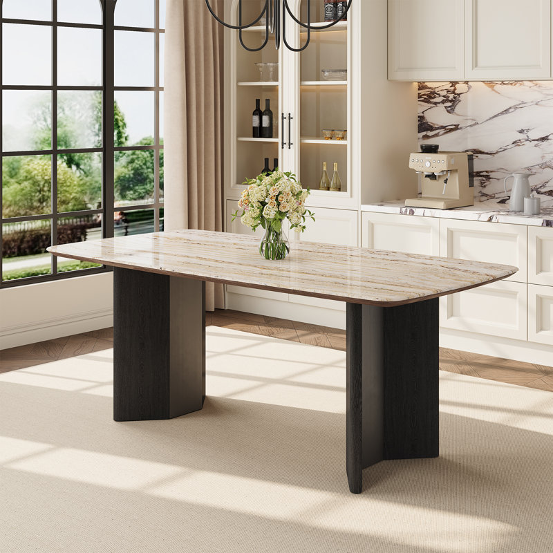 Contemporary 7-piece Dining Set, Faux Marble Rectangular Table With Black Wood & Metal Base, 6 Upholstered Linen Chairs With Black Solid Wood Legs
