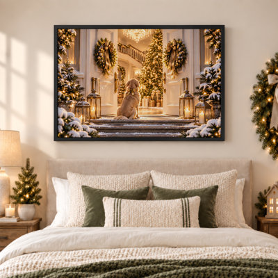 Golden Retriever Sitting On Snowy Steps Looking Christmas Canvas Wall Art