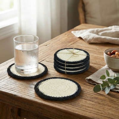 Ensemble de 4 sous-verres ronds en jute blanc et noir