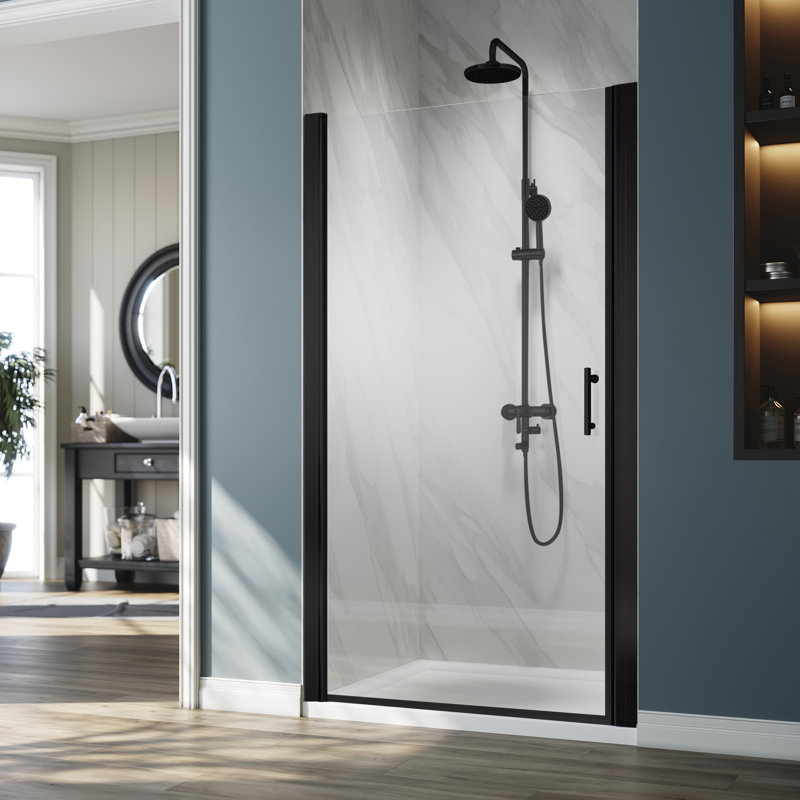 FPivot 36" W x 72" H Pivot Shower Door, Hinged Semi- Frameless Glass Shower Door, Matte Black