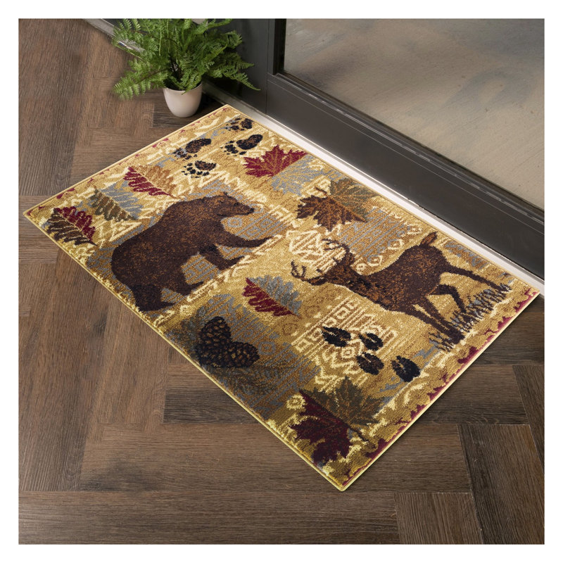 Nature-Inspired Lodge Area Rug, 5'3" x 7'3" Beige Southwestern Motifs Rug with Deer & Bear Design - Durable Pet-Friendly Polypropylene Carpet