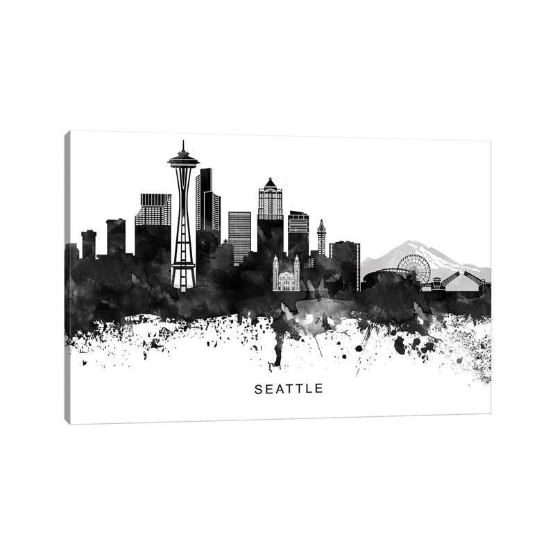 «Seattle Skyline Black & White» par Walldecoraddict - Toile tendue avec châssis sur toile tendue, H 40 po x l 60 po x 1,5 po