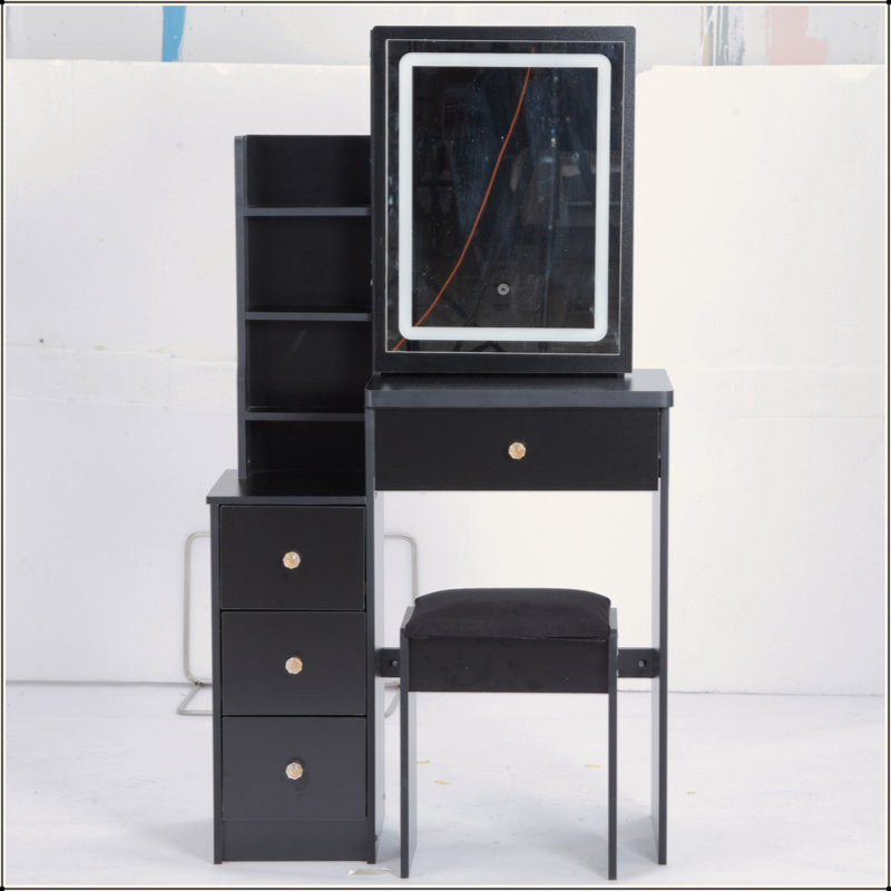 Small Size Left Bedside Cabinet Vanity Table + Cushioned Stool, Touch Control Sliding LED Mirror, Tri-Color Switching, Brightness Adjust, Multi Layer, Suitable For Small Space, EPA,GCC,UL Certificate