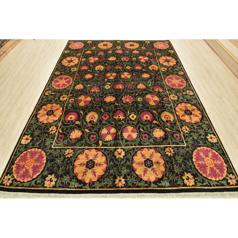 Tapis oriental en laine noué à la main en noir / vert / orange